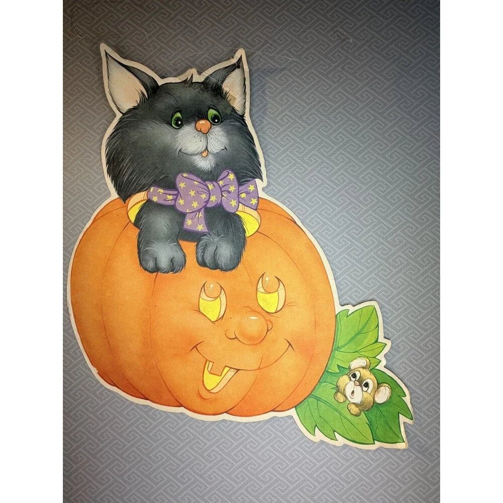 Vintage Halloween Black Cat Pumpkin Mouse Purple Tie Die-Cut Cardboard Wall Door